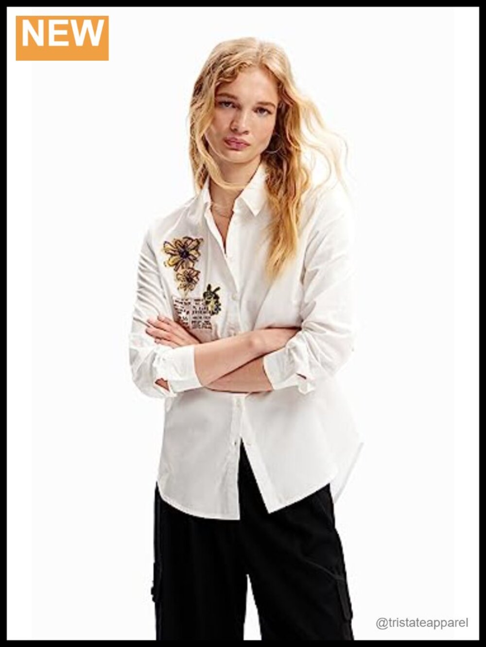 Desigual Newspaper Patch Shirt Women's Long Sleeve Cotton Button Down